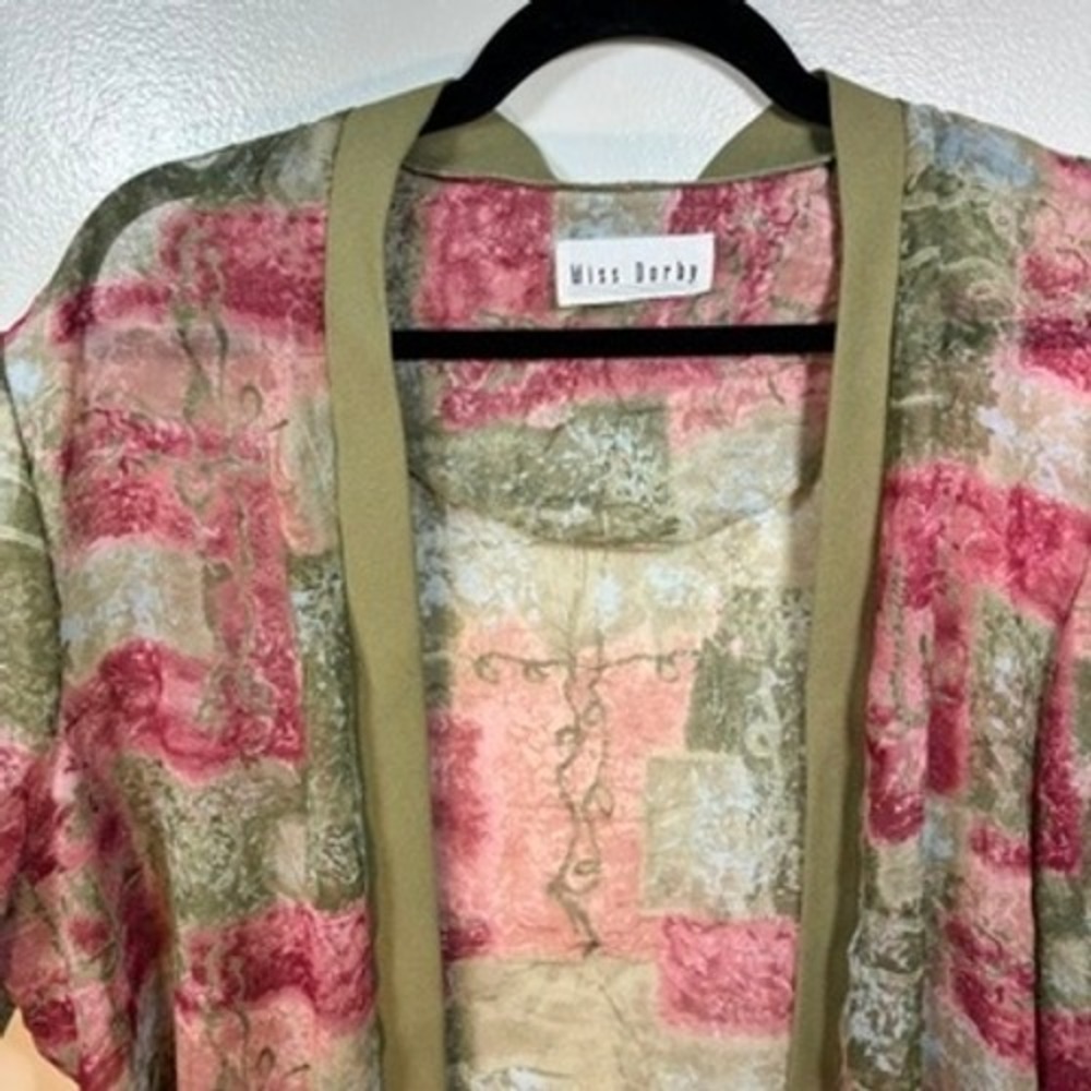 Miss Derby‎ Open Front Cardigan Women Sz L Pink Green Abstract Sheer Layering - Picture 4 of 8